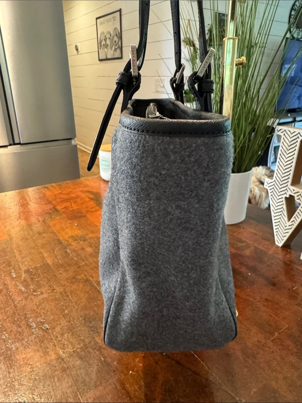 Tory Burch Gray Felt Tote with Black Trim